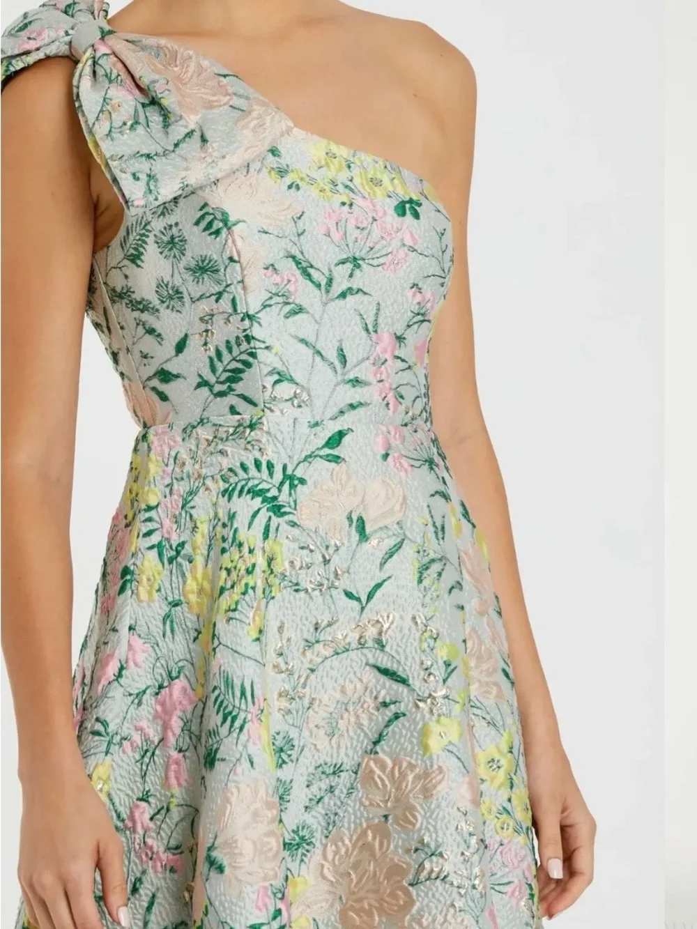 Mac Duggal One-Shoulder Floral Jacquard Brocade Gown Pastel Green Pink Yellow